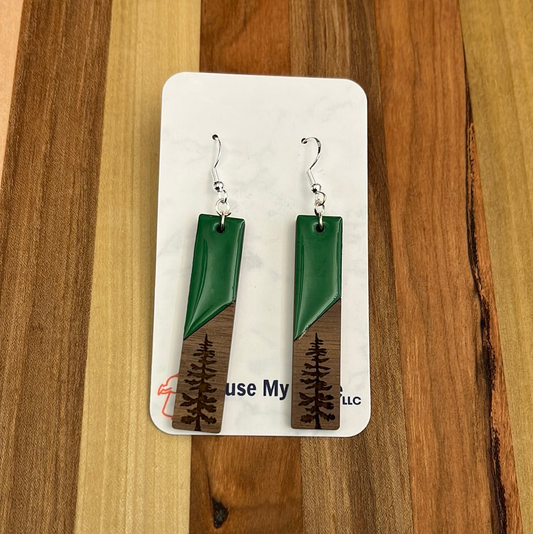 GREEN EVERGREEN TREE ENGRAVED EARRINGS