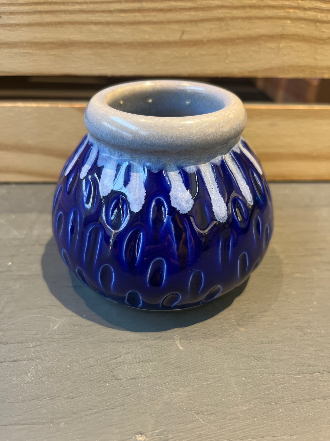 Blue Carved Bulb-Style Vase with Gray Lip