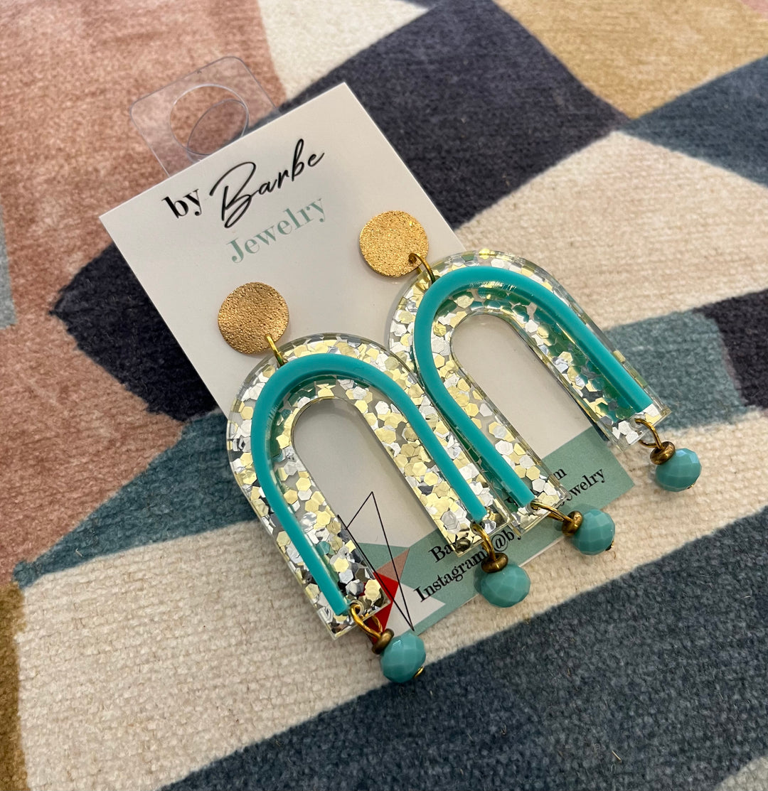 Gold Glitter + Aqua Arch Earrings