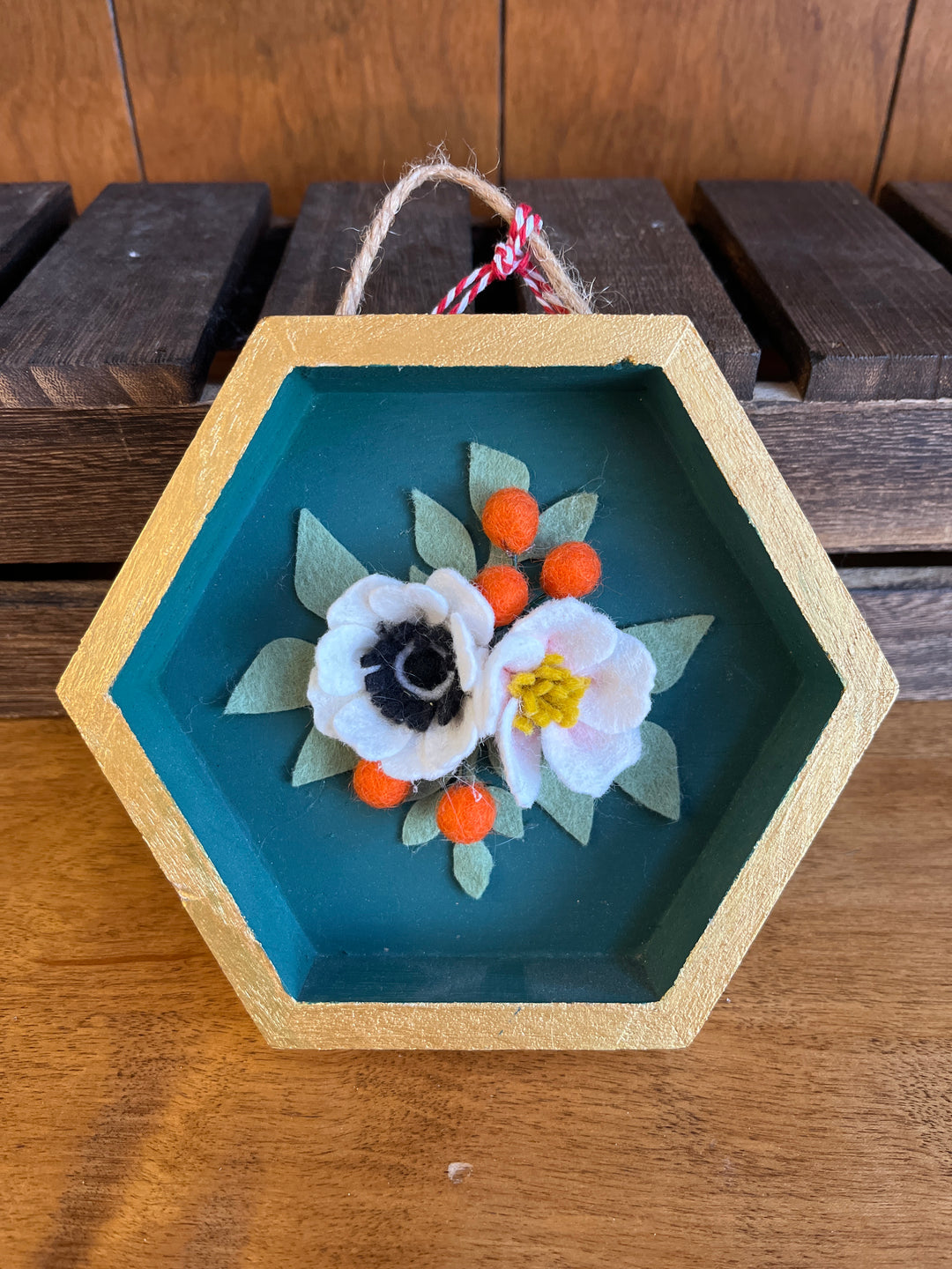 small wood septagon felt flower wall hanging