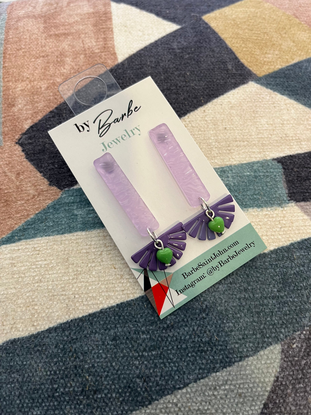 Purple Stick/ Green Heart Heart Earrings