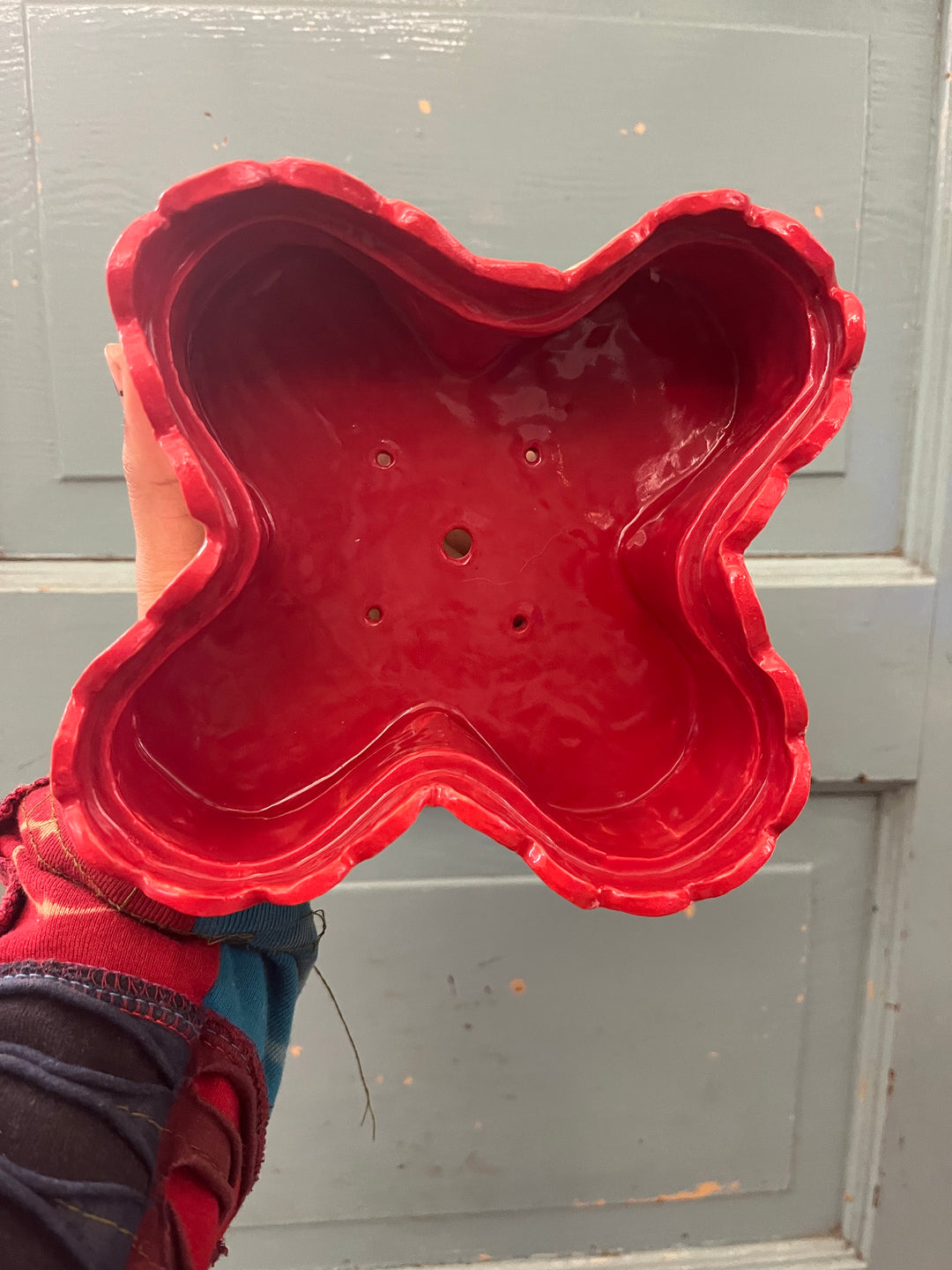 Red & White Faux Lace Stoneware Planter