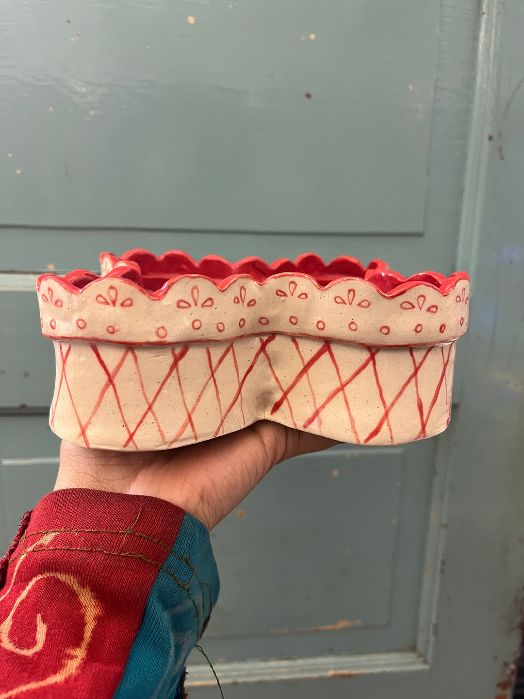 Red & White Faux Lace Stoneware Planter